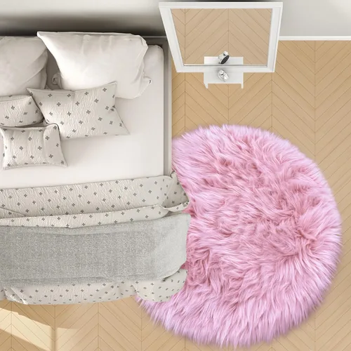 Miniatura 6 de Alfombras Redondas Rosadas Esponjosas de 4 Pies para Dormitorio de Niñas, Alfombra de Piel Sintética de Oveja de Felpa para Sala de Estar, Alfombra