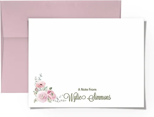 Tarjetas de notas y sobres personalizados para mujer, tarjetas planas de papelería, rosa rosa, elige tu sobre y colores de tinta