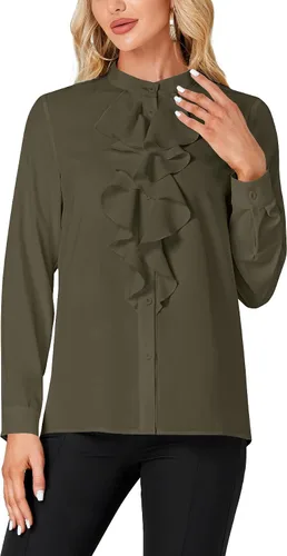 Miniatura 2 de LYANER - Blusa de cuello alto con botones, volantes en el frente, manga larga, camisa de trabajo para mujer