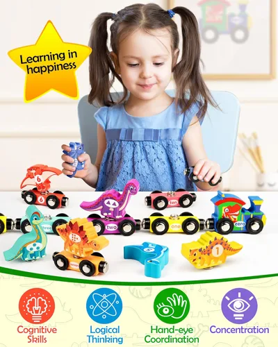 Miniatura 2 de Vanmor Juego de tren de dinosaurio de madera para niños pequeños, juguetes magnéticos de dinosaurios y tren de números, perfecto para actividades