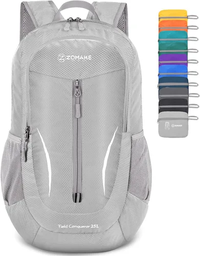 ZOMAKE Mochila plegable ultraligera de 25 litros, mochila de senderismo plegable resistente al agua, pequeña mochila plegable para viajes (gris Gris