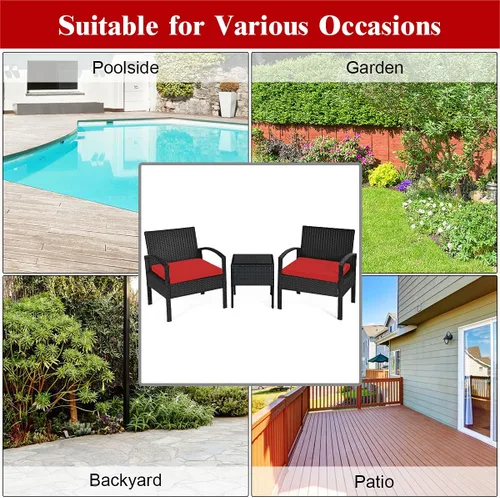 Miniatura 6 de Tangkula Juego de 3 piezas para conversación de patio, juego de sofá de ratán para exteriores con cojines de asiento y mesa auxiliar, juego de Rojo
