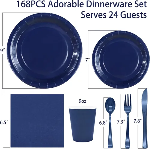 Miniatura 2 de 168 piezas de suministros de fiesta azul marino para decoraciones de fiesta azul marino incluye platos de papel y servilletas, vasos, cubiertos