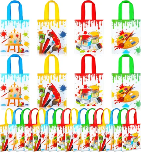 Sweetude 24 bolsas de regalo para fiestas artísticas, bolsas de regalo de pintura no tejida con asas, decoraciones de fiesta de salpicaduras de