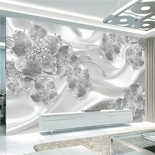 Miniatura 2 de Papel tapiz fotográfico 3D de flores de diamante plateado de lujo, papel tapiz removible, decoración de pared para sala de estar, dormitorio, fondo