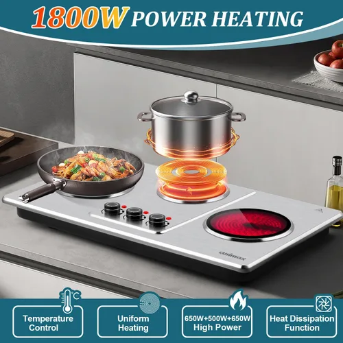 Miniatura 3 de CUSIMAX - Placa de cocción eléctrica de 1800 W, estufa eléctrica de encimera de doble quemador de hierro fundido con temperatura ajustable