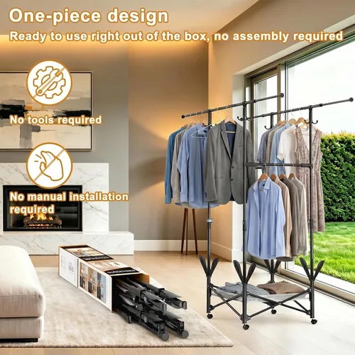 Miniatura 3 de Tendedero portátil plegable para ropa – Varillas ajustables dobles extensibles (33.1 a 56.7 pulgadas) – Diseño fácil de no montar que ahorra espacio