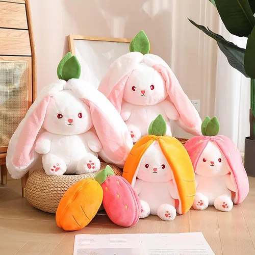 Miniatura 7 de Almohada de peluche de conejo, reversible, zanahoria y fresa, animal de peluche con cremallera, bonita decoración de conejo para niños y adultos