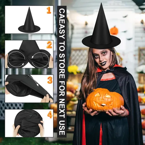 Miniatura 7 de Famoby 12 sombreros de bruja negros de Halloween con cable de nailon de 157 pies y 120 calcomanías de murciélago para interiores y exteriores