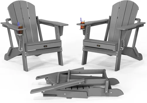Miniatura 12 de VINGLI Sillas Adirondack de plástico, plegables con soporte para tazas, material de polietileno de alta densidad impermeable, cómoda capacidad