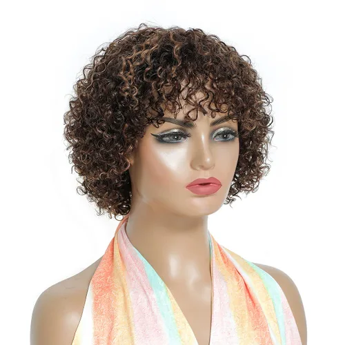 Miniatura 7 de Peluca de cabello humano rizado estilo Bob para mujeres negras, 150% de densidad, mezcla de castaño caoba, peluca corta sin pegamento por