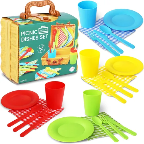 Cesta de picnic para niños, juego de 25 piezas de plástico para fiesta de té, juego de platos de juego de simulación de colores, juguetes de cocina