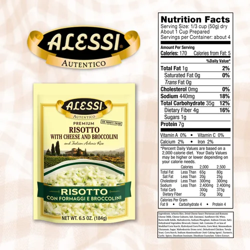 Miniatura 2 de Alessi Autentico, Risotto sazonado premium, arroz arborio italiano, fácil de preparar, 6.5 onzas (queso y brócolini, paquete de 6)