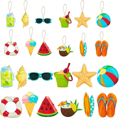 Adornos colgantes de madera de verano, 37 decoraciones hawaianas de verano para puerta de árbol con cuerda, decoraciones de fiesta de vacaciones,