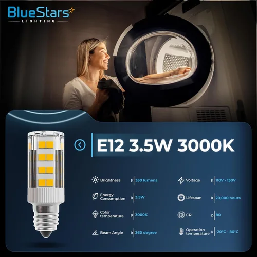 Miniatura 2 de BlueStars WE05X20431 Bombilla LED para tambor de secadora 3.5W 120V E12 Base de candelabro 3000K blanco cálido - Para GE Whirlpool Kenmore