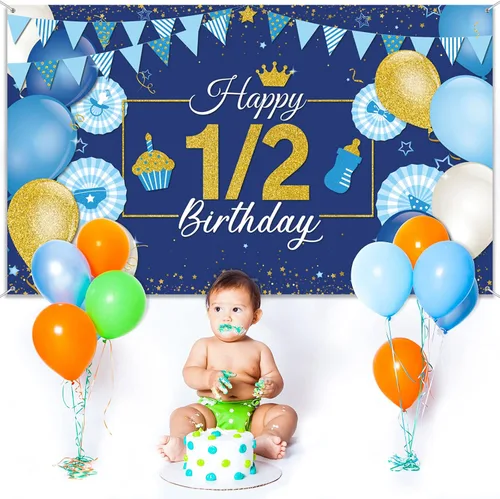 Miniatura 4 de Tatuo Decoración de fondo de cumpleaños de 1/2, 72.8 x 43.3 pulgadas, pancarta azul y dorada de medio año, suministros de fiesta de cumpleaños de 6