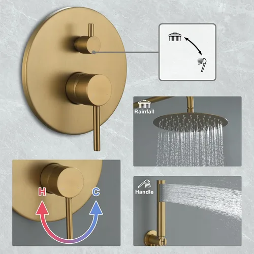 Miniatura 4 de Sistema de ducha de alta presión con cabezal de ducha de lluvia redondo de 10 pulgadas y montaje en pared de mano, juego combinado de grifo de ducha