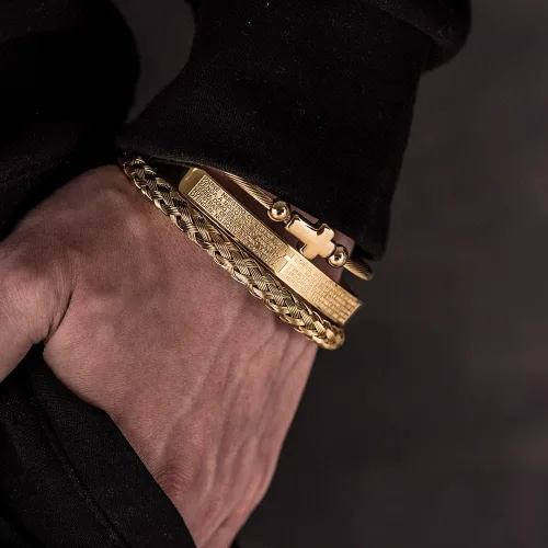 Miniatura 4 de Juego de pulseras de acero inoxidable Hip Hop para hombre joyería de cruz con dije abierto talla de la Escritura española JX5EU cruz plateada juego A