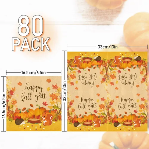 Miniatura 2 de Whaline Paquete de 80 servilletas de papel de otoño coloridas de calabaza con hojas de otoño para almuerzo, servilletas desechables de postre
