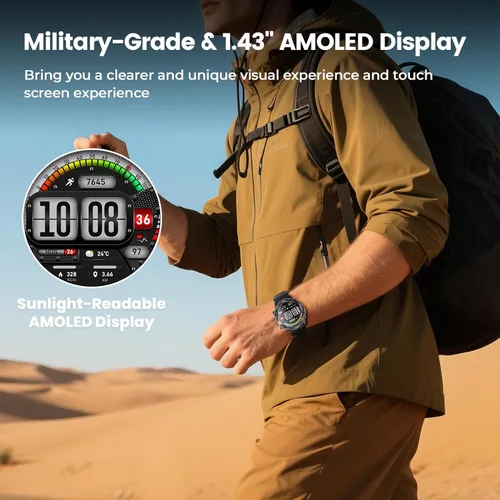 Miniatura 6 de WalkerFit Reloj inteligente para hombres, pantalla AMOLED redonda de 1.43", 5 ATM resistente al agua, monitor de frecuencia cardíaca y sueño
