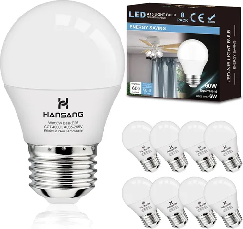 Miniatura 14 de Bombilla LED E26, luz blanca cálida de 2700 K, bombillas pequeñas equivalentes a 60 W, bombilla E26 para ventilador de techo, forma A15, 600 lm 120