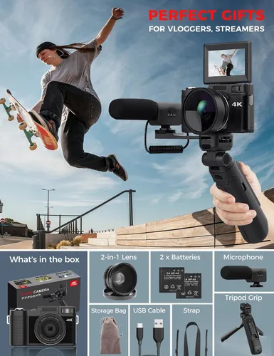 Miniatura 6 de Cámara Digital 4K con Kit de Accesorios para Creador, Cámara de Vlogging de 48MP con Control Remoto para Vloggers, Enfoque Automático, Pantalla