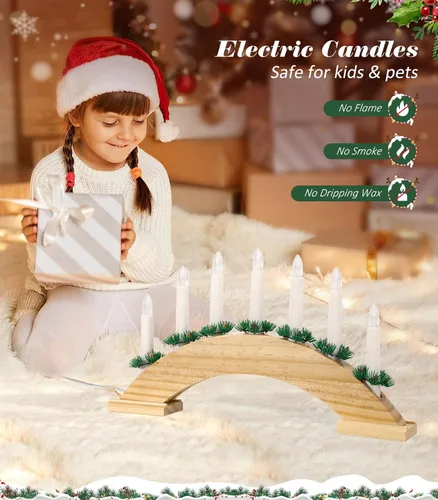 Miniatura 3 de Lewondr Candelabro sueco de Navidad, 7 velas cónicas sin llama con alimentación USB, luz de vela de ventana de Navidad con agujas de pino, luz