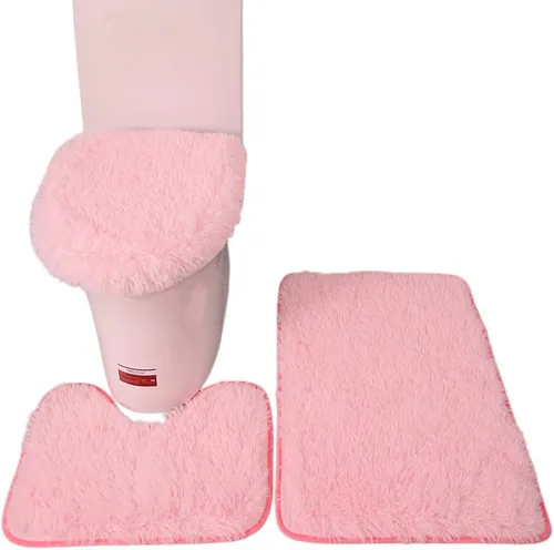 Miniatura 5 de Juego de alfombras de baño de 3 piezas, tapete de inodoro en forma de U + alfombras + alfombrilla de cubierta de tapa de inodoro, con respaldo