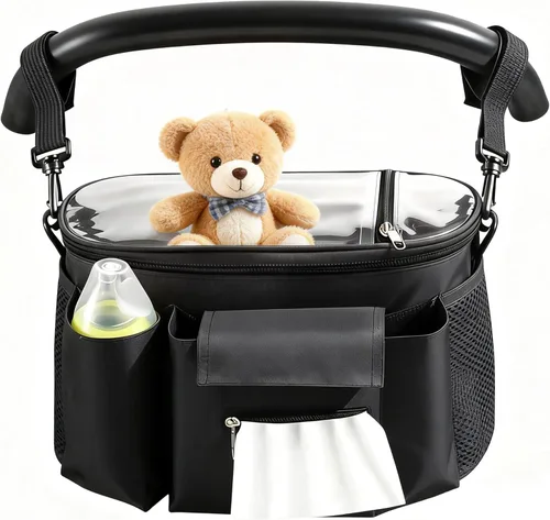 Organizador de cochecito con portavasos aislados, bolsa universal para cochecito que se adapta a Uppababy, Baby Jogger, Nuna, correa de hombro Negro