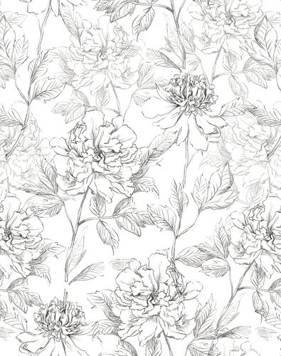 JiffDiff Papel tapiz floral en blanco y negro con peonías removibles para despegar y pegar, papel de pared con diseño de flores esbozado,