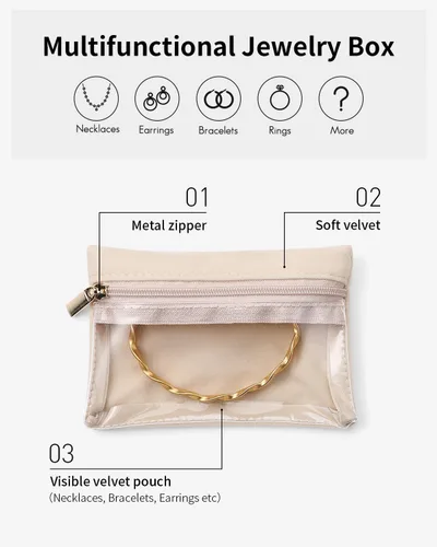 Miniatura 4 de Vlando Organizador de joyas de viaje, bolsa de terciopelo con cremallera, bolsa de joyería de viaje transparente para viajes, viajes de negocios