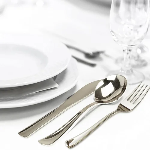 Miniatura 5 de Juego de 100 cubiertos de plástico plateado para fiesta, juego combinado de cubiertos de lujo, desechables y duraderos, 40 tenedores, 30 cuchillos