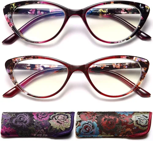 EYEURL Gafas de lectura de ojo de gato para mujer, juego de 2 lentes de lectura con bloqueo de luz azul + 1.5 lentes de calidad para mujer, marco