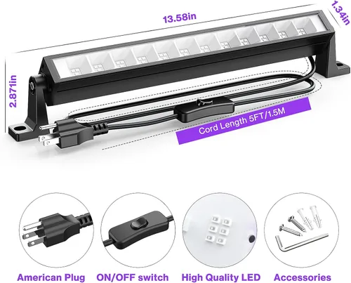 Miniatura 5 de Actualización de luz negra LED de 60W, luces negras para fiesta brillante, barra de luz negra con enchufe y interruptor, cada una ilumina 32x32