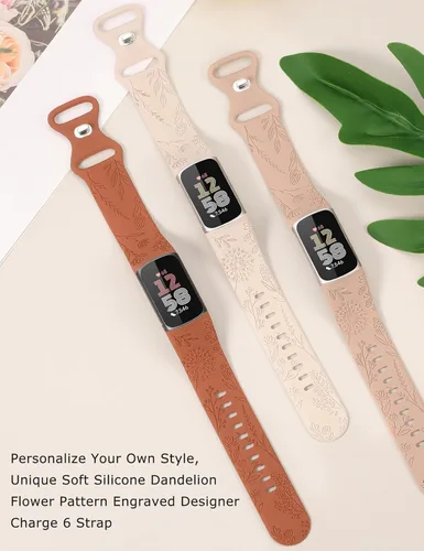 Miniatura 2 de Minyee Paquete de 3 bandas grabadas florales compatibles con Fitbit Charge 6 bandas/Fitbit Charge 5 bandas para mujer, lindo diseño de flores