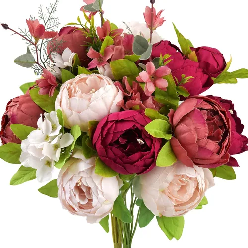 Miniatura 33 de FiveSeasonStuff - Peonías y hortensias artificiales de seda, ideal para decoración de bodas, novias, hogar, decoración de centro de mesa (2 ramos).