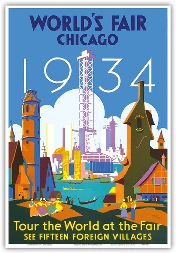 Miniatura 10 de 1934 World Fair Chicago - Tour the World at the Fair - Póster de viaje vintage de Weimer Pursell c.1934 - Impresión artística maestra (sin marco) 9