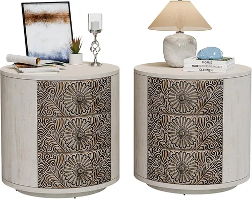 Miniatura 8 de SUNBURY Juego de 2 mesitas de noche vintage, mesa de noche pequeña de madera con cajón y estante abierto, mesa auxiliar de acento shabby para sala