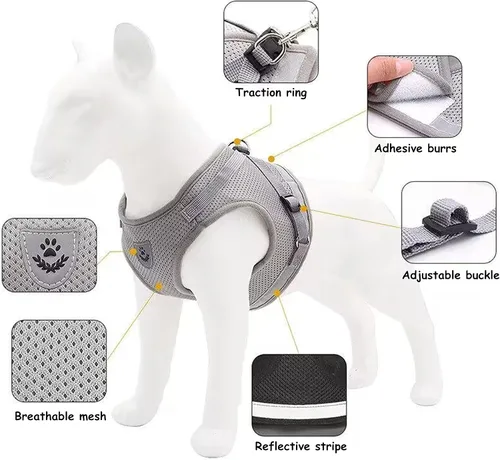 Miniatura 3 de Juego de arnés y correa para perro, chaleco reflectante ajustable de malla suave transpirable para mascotas, juego de arneses acolchados