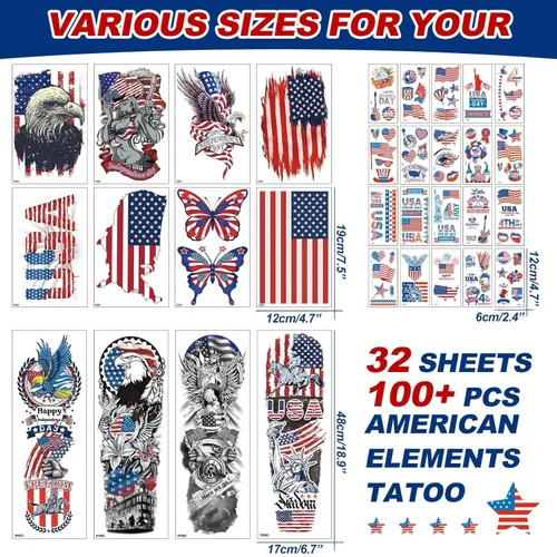 Miniatura 2 de Tatuajes temporales del 4 de julio, calcomanías de tatuaje falsas de bandera estadounidense, color rojo, blanco y azul, 4 de julio, recuerdos