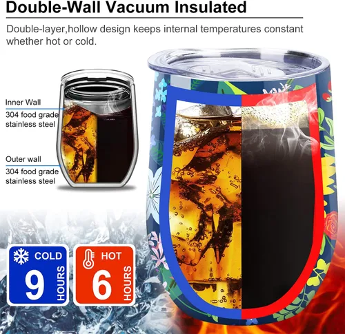 Miniatura 5 de NymphFable Vaso de vino de flores de 12 onzas con popote y tapa, vaso de vino de acero inoxidable, taza de viaje aislada de doble pared