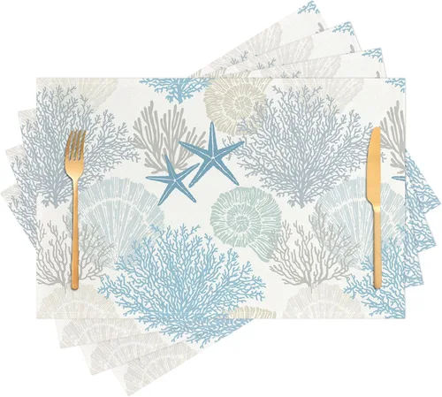 Miniatura 9 de Juego de 4 manteles individuales color azul bohemio para interiores, tela de lino étnica, lavables, resistentes al calor, para mesas de cocina