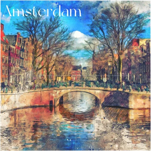 Pintura en acuarela Amsterdam - Rompecabezas de bloques de fotos, diseño único de ciudad, campo, cuadrado, ladrillo, marco de fotos para decoración
