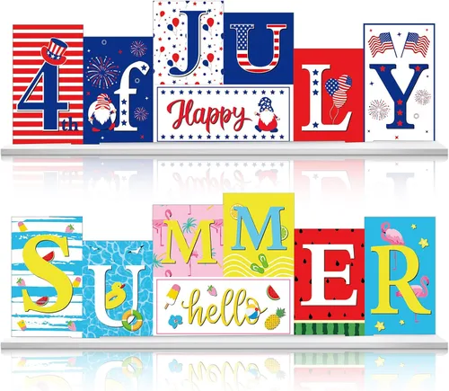 Chunful Decoraciones reversibles del 4 de julio para el hogar, decoración de mesa patriótica de madera, Día de los Caídos, decoración de mesa