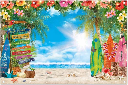 Miniatura 9 de Fondo de fotografía de playa hawaiana de verano de 8 x 6 pies, flores tropicales, hojas de palma, fondo de tabla de surf para Luau Aloha decoración