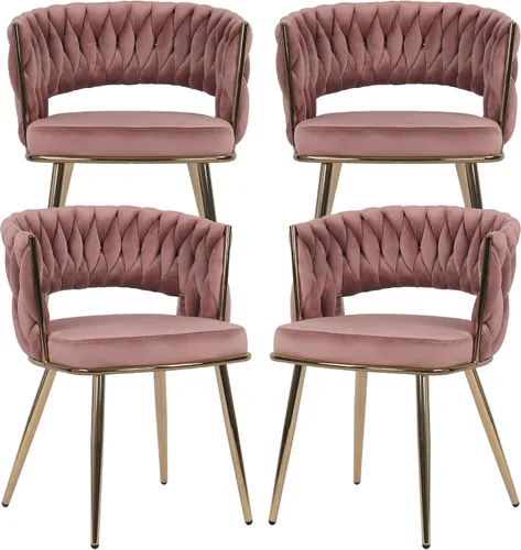 Miniatura 15 de KCC Juego de 2 sillas de comedor modernas de terciopelo, sillas tapizadas para sala de estar con respaldo tejido y patas de metal dorado, silla