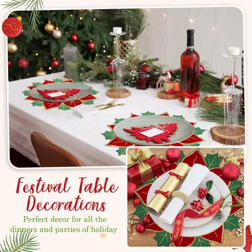 Miniatura 4 de Breling Juego de 6 Manteles Individuales de Navidad de Poinsettia de 16 Pulgadas Redondos Rojos y Verdes con Flores de Poinsettia, Manteles de Mesa