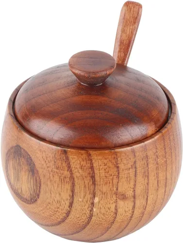 Miniatura 9 de Cuenco de madera para sal y pimienta, caja de especias con tapa, cuchara, sal, bodega, tazones para especias, soporte para azúcar de cocina