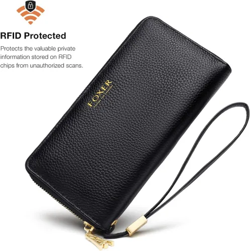 Miniatura 4 de FOXLOVER Carteras de cuero genuino para mujer, con bloqueo RFID, con cremallera, con pulsera