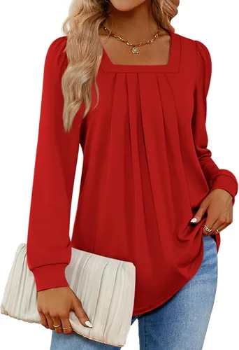 Miniatura 2 de Funlingo 2023 - Blusas de manga larga para mujer, estilo túnica, plisadas, con cuello cuadrado, estilo casual, holgadas